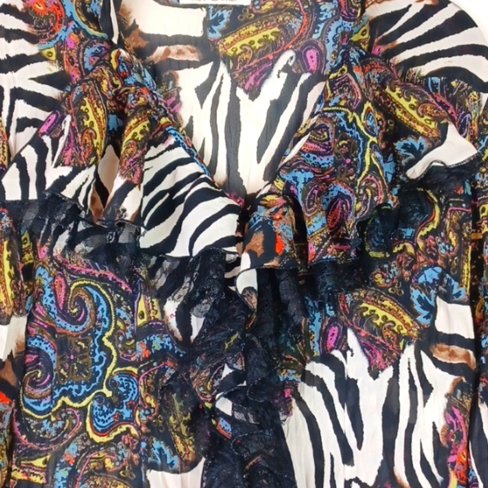 LE CAVIAR Zebra Floral-Graphic Lace Ribbon Ruffle Bell Sleeve  Edgy Blouse SZ L - Picture 10 of 15